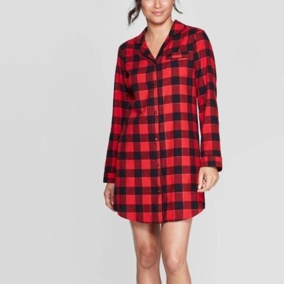 STARS ABOVE Women’s Red Plaid Flannel Button Front Long Sleeve Sleep Shirt - Picture 1 of 7
